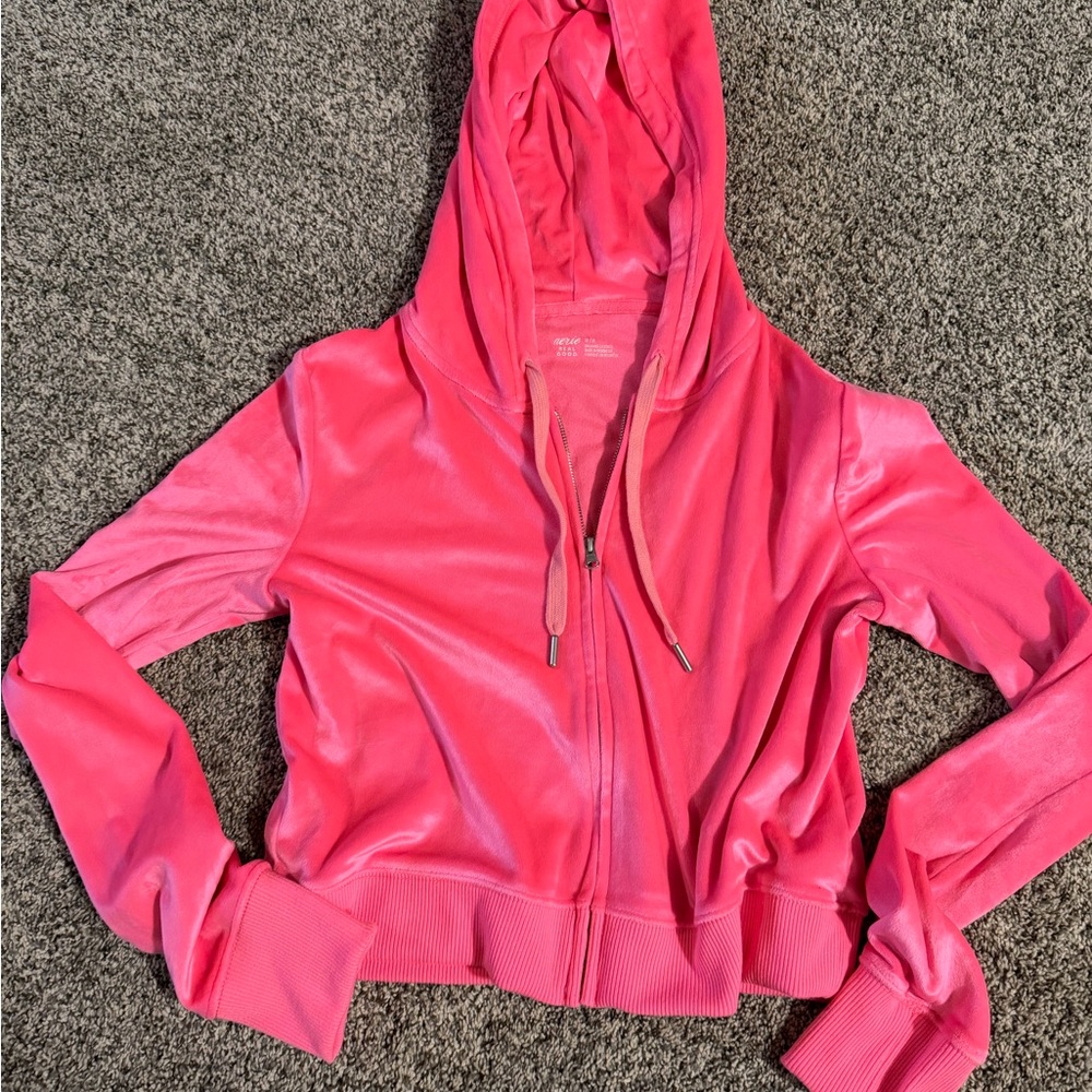 EUC VELOUR CROP Pink Hooded Zip-Up Jacket MEDIUM